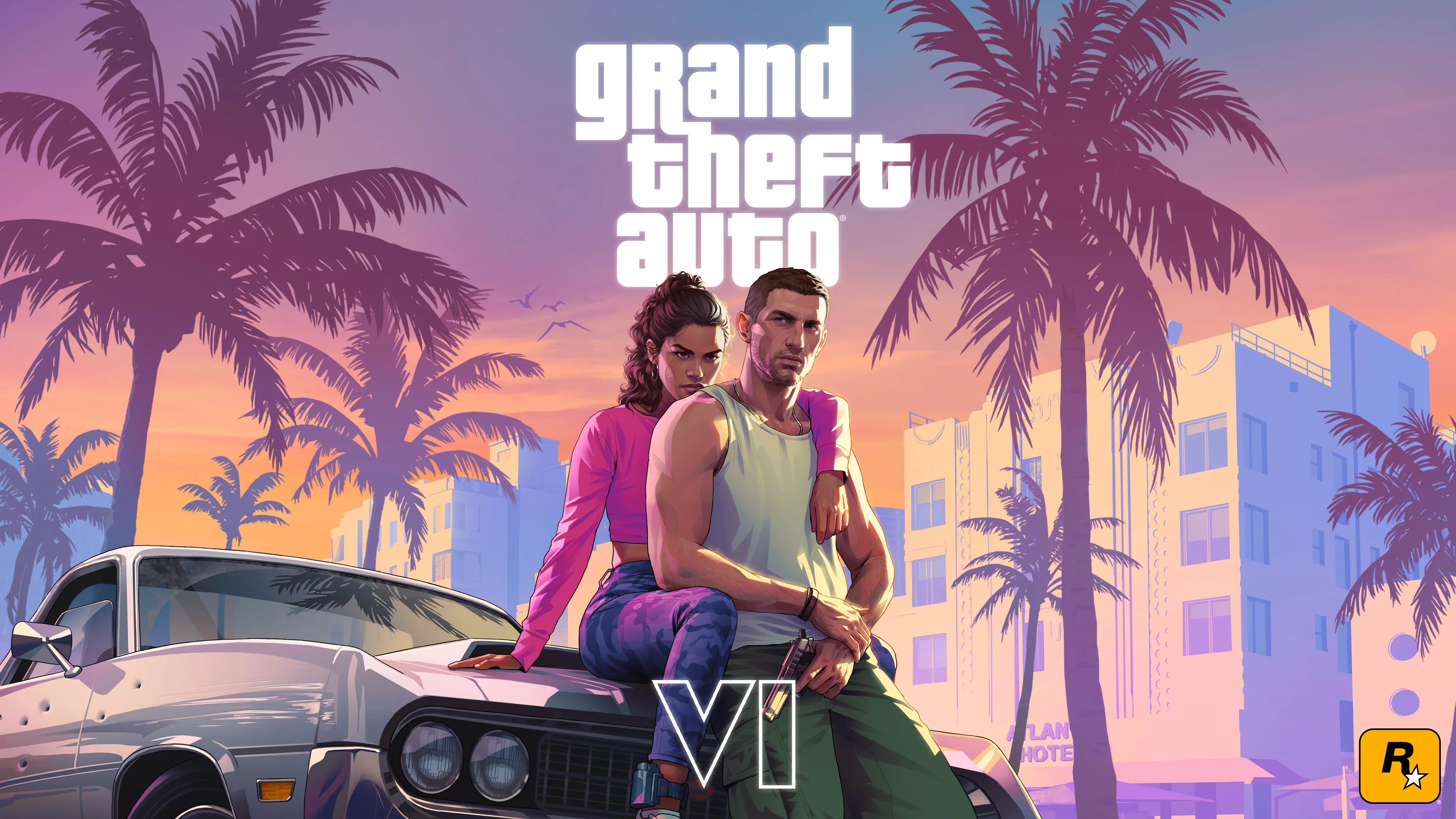 Official GTA VI artwork: Jason and Lucia with the Grand Theft Auto VI logo against a sunset and palm trees